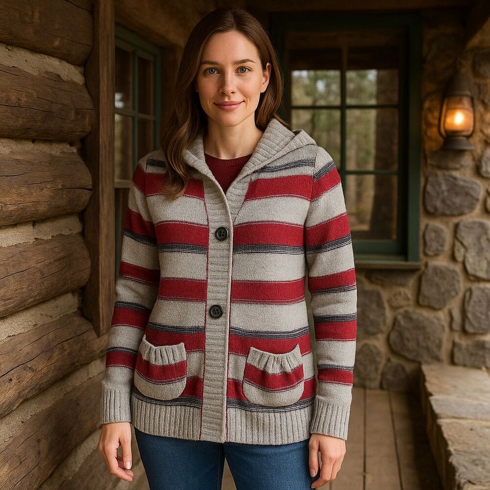 Bob Timberlake Womens Large Grey Maroon Stripe Grandpa Lake Cabin Hooded Sweater